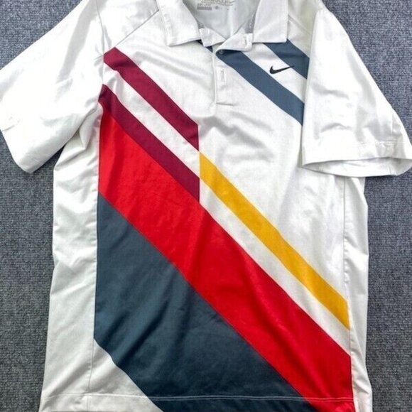 Nike Mens Golf Polo Shirt White Striped Large Dri-Fit Polyester Stretch - Picture 1 of 6